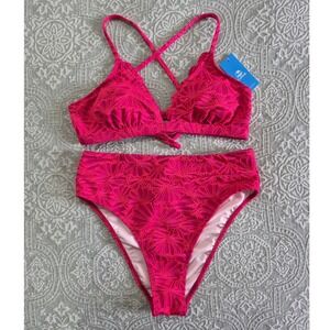 Cupshe Pink Textured Floral Scalloped High Waisted Bikini Set New Medium